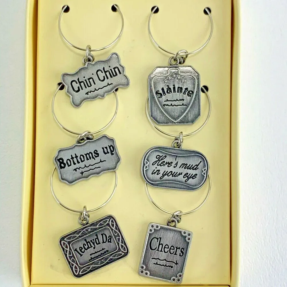 Past Times Wine Charms Set of 6 Silver Tone Metal‎ Wit and Wisdom New in Box